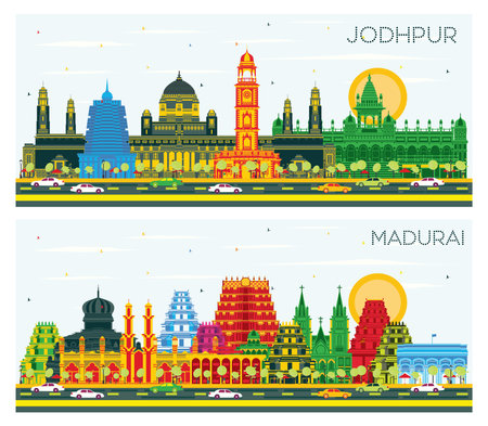 Madurai and Jodhpur India City Skyline Set with Color Buildings and Blue Sky. Business Travel and Concept with Historic Architecture. Cityscape with Landmarks.の写真素材