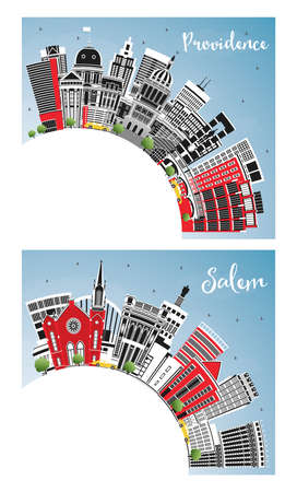 Salem Oregon and Providence Rhode Island City Skyline Set with Color Buildings, Blue Sky and Copy Space. Cityscape with Landmarks. Travel and Tourism Concept with Modern Architecture.の写真素材