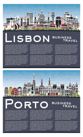 Porto and Lisbon Portugal City Skyline Set with Color Buildings, Blue Sky and Copy Space. Cityscape with Landmarks.の写真素材