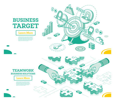 Teamwork Concept. Target with Arrow Standing on a Tripod. Outline Isometric Concept. Right Marketing Target. Symbol of Success and Victory. Hands Hold Pieces of Puzzle and Try to Connect It.の写真素材