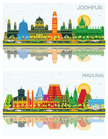 Madurai and Jodhpur India City Skyline Set with Color Buildings, Blue Sky and Reflections. Business Travel and Concept with Historic Architecture. Cityscape with Landmarks.の写真素材