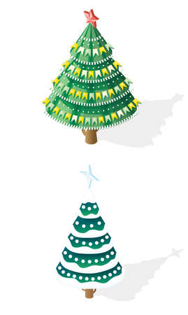 Isometric Christmas Tree Set with Garland, Flags and Red Star. Illustration. 3d Icon Isolated on White. Happy New Year.の写真素材