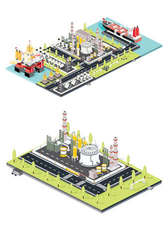refinery plant. Isometric Oil Tank Farm. Offshore Oil Rig. Maritime Port with Oil Tanker Moored at an Oil Storage Silo Terminal. Oil Petroleum Industry. Industrial Seaport.の写真素材