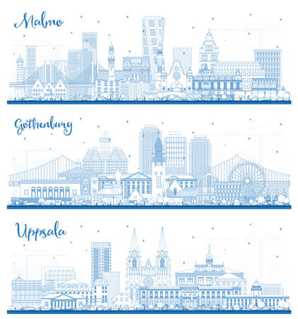 Outline Gothenburg, Uppsala and Malmo Sweden City Skyline Set with Blue Buildings. Cityscape with Landmarks. Business Travel and Tourism Concept with Historic Architecture.の写真素材