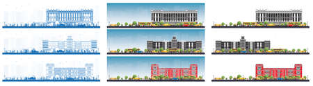University Campus Set. Study Banners. Students Go to the Main Building of University. Skyline with Blue Sky and Green Tree. Banner with Copy Space.の写真素材