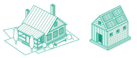 Isometric Outline Suburb Residential Building. Illustration. Small Barn with Solar Panels.の写真素材