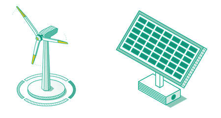 Isometric Wind Power Plant and Solar Battery Panel Isolated on White Background. Wind Turbine Generate Clean Energy. Outline Infographic Element.の写真素材