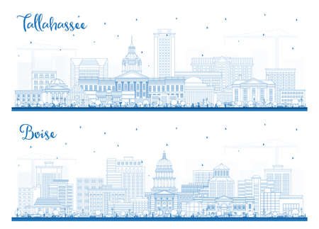 Outline Boise Idaho and Tallahassee Florida City Skyline Set with Blue Buildings. Cityscape with Landmarks. Business Travel and Tourism Concept with Modern Architecture.の写真素材