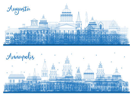 Outline Annapolis Maryland and Augusta Maine City Skyline Set with Blue Buildings. Business Travel and Tourism Concept with Historic Architecture. Cityscape with Landmarks.の写真素材