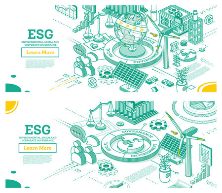 ESG Concept of Environmental, Social and Governance. Globe Model of the Earth. sustainable development. Isometric Outline Concept. green color. alternative energy.の写真素材