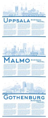 Outline Malmo, Gothenburg and Uppsala Sweden City Skyline Set with Blue Buildings and Copy Space. Cityscape with Landmarks.の写真素材