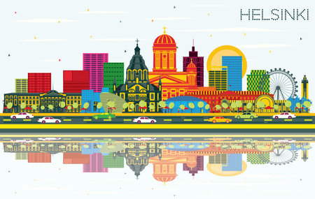 Helsinki Finland City Skyline with Color Buildings, Blue Sky and Reflections. vector illustration. Business Travel and Concept with Historic Architecture. Helsinki Cityscape with Landmarks.のイラスト素材