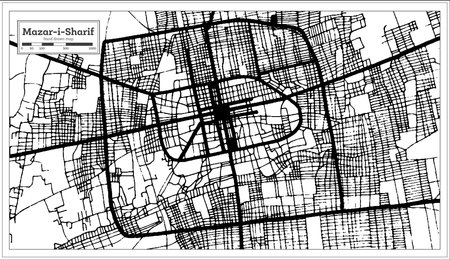 Mazar-i-Sharif Afghanistan City Map in Black and White Color in Retro Style. outline map. vector illustration.のイラスト素材