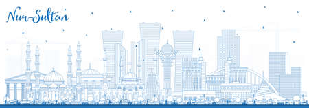 Outline Nur-Sultan Kazakhstan City Skyline with Blue Buildings. vector illustration. Nur-Sultan Cityscape with Landmarks. Business Travel and Tourism Concept with Modern Architecture.のイラスト素材
