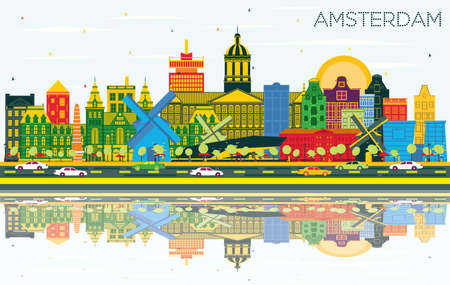Amsterdam Holland City Skyline with Color Buildings, Blue Sky and Reflections. vector illustration. Tourism Concept with Historic Architecture. Amsterdam Netherlands Cityscape with Landmarks.のイラスト素材