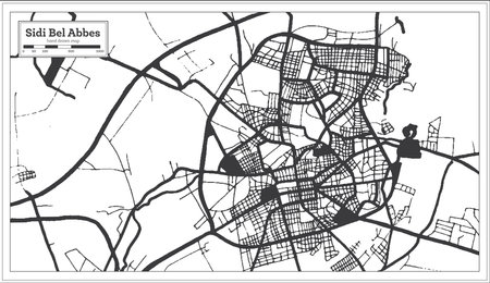 Sidi Bel Abbes Algeria City Map in Retro Style in Black and White Color. outline map. vector illustration.のイラスト素材