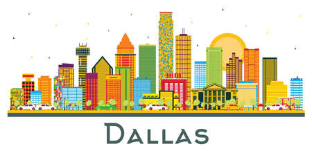 Dallas Texas USA City Skyline with Color Buildings and Blue Sky Isolated on White. vector illustration. Business Travel and Tourism Concept with Modern Buildings. Dallas Cityscape with Landmarks.のイラスト素材