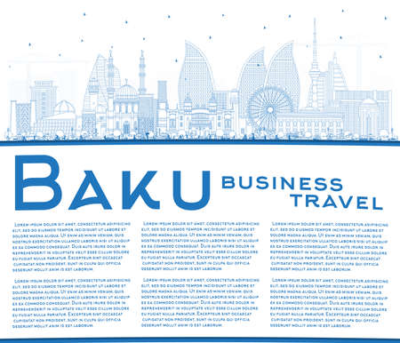 Outline Baku Azerbaijan City Skyline with Blue Buildings and Copy Space. vector illustration. Baku Cityscape with Landmarks. Business Travel and Tourism Concept with Historic Architecture.のイラスト素材