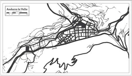 Andorra la Vella City City Map in Black and White Color in Retro Style Isolated on White. outline map. vector illustration.のイラスト素材
