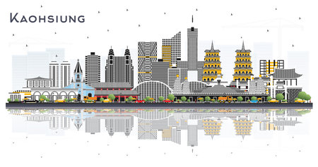 Kaohsiung Taiwan City Skyline with Gray Buildings and Reflections Isolated on White. vector illustration. Tourism Concept with Historic Architecture. Kaohsiung China Cityscape with Landmarks.のイラスト素材