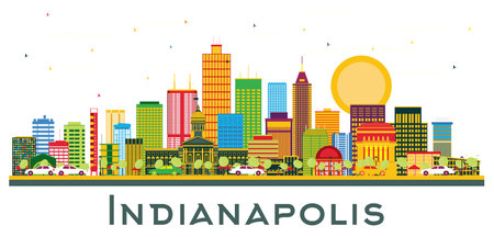 Indianapolis USA City Skyline with Color Buildings and Blue Sky Isolated on White. vector illustration. Travel and Tourism Concept with Modern Buildings. Indianapolis Cityscape with Landmarks.のイラスト素材