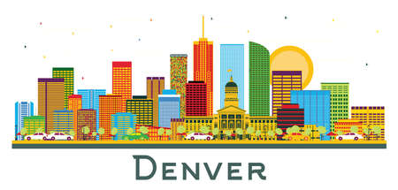 Denver Colorado USA City Skyline with Color Buildings and Blue Sky Isolated on White. vector illustration. Business Travel and Tourism Concept with Modern Buildings. Denver Cityscape with Landmarks.のイラスト素材