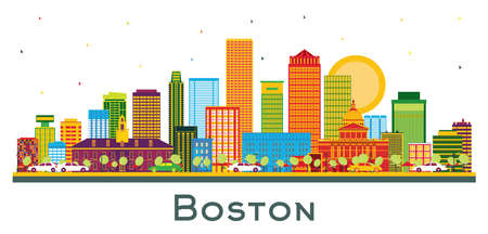 Boston Massachusetts USA City Skyline with Color Buildings and Blue Sky Isolated on White. vector illustration. Travel and Tourism Concept with Modern Buildings. Boston Cityscape with Landmarks.のイラスト素材
