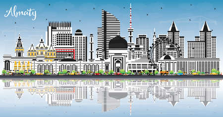 Almaty Kazakhstan City Skyline with Color Buildings, Blue Sky and Reflections. vector illustration. Almaty Cityscape with Landmarks. Business Travel and Tourism Concept with Modern Architecture.のイラスト素材