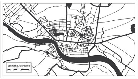 Sremska Mitrovica Serbia City Map in Black and White Color in Retro Style Isolated on White. outline map. vector illustration.のイラスト素材