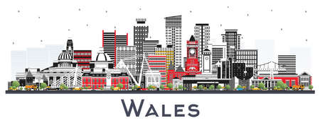 Wales City Skyline with Gray Buildings Isolated on White. vector illustration. Concept with Historic Architecture. Wales Cityscape with Landmarks. Cardiff. Swansea. Newport.のイラスト素材