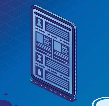 Tablet PC. vector illustration. Isometric Modern Digital Device Isolated on Blue Background. Display with touchscreen. outline concept. Web Interface on the Screen.のイラスト素材