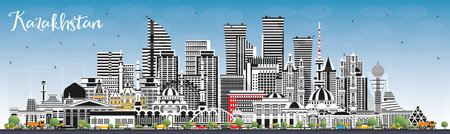 Kazakhstan City Skyline with Gray Buildings and Blue Sky. vector illustration. Concept with Modern Architecture. Kazakhstan Cityscape with Landmarks. Nur-Sultan and Almaty.のイラスト素材
