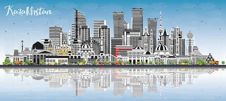 Kazakhstan City Skyline with Gray Buildings, Blue Sky and Reflections. vector illustration. Concept with Modern Architecture. Kazakhstan Cityscape with Landmarks. Nur-Sultan and Almaty.のイラスト素材