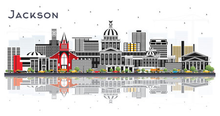 Jackson Mississippi City Skyline with Gray Buildings and Reflections Isolated on White. vector illustration. Tourism Concept with Historic Architecture. Jackson USA Cityscape with Landmarks.のイラスト素材
