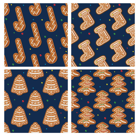 Pattern with Gingerbread Boots, Bells, Candy Canes and Trees on Blue. Christmas cookies.のイラスト素材
