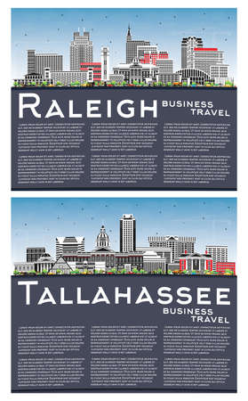 Tallahassee Florida and Raleigh North Carolina City Skyline Set with Color Buildings, Blue Sky and Copy Space.の写真素材