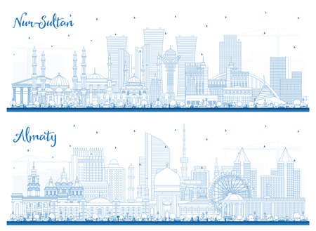 Outline Almaty and Nur-Sultan Kazakhstan City Skyline Set with Blue Buildings. Cityscape with Landmarks. Business Travel and Tourism Concept with Modern Architecture.の写真素材