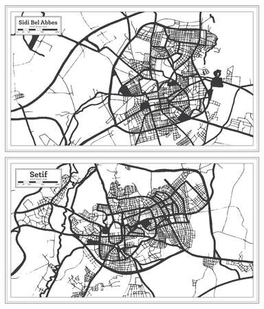Setif and Sidi Bel Abbes Algeria City Map Set in Retro Style in Black and White Color. outline map.の写真素材