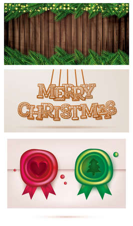 Fir Branches with Neon Garland on Wooden Background. Pine Sprigs. Christmas and New Year Decoration. Wax Seal Set with Ribbons. Glazed Phrase in Cookie Style. Gingerbread Letters Hanging on Strings.の写真素材