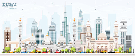 Dubai United Arab Emirates UAE City Skyline with Color Buildings and Blue Sky. Pixel art. vector illustration. Travel and Tourism Concept with Modern Architecture. Dubai Cityscape with Landmarks.のイラスト素材