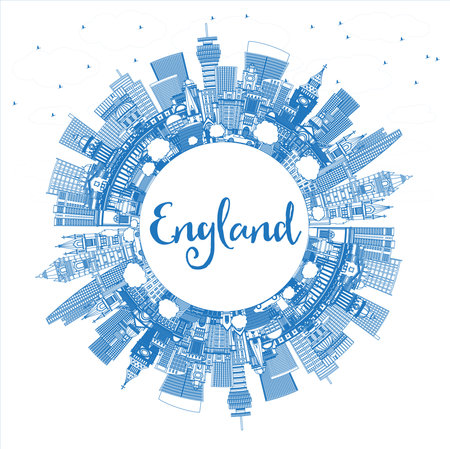 Outline England City Skyline with Blue Buildings and Copy Space. vector illustration. Concept with Historic Architecture. England Cityscape with Landmarks. Bristol. Leeds. Sheffield. London.の写真素材