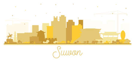 Suwon South Korea City Skyline Silhouette with Golden Buildings Isolated on White. vector illustration. Travel and Tourism Concept with Historic and Modern Architecture. Suwon Cityscape with Landmarks.のイラスト素材