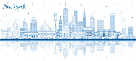 Outline New York USA City Skyline with Blue Buildings and Reflections. vector illustration. New York Cityscape with Landmarks. Business Travel and Tourism Concept with Modern Architecture.のイラスト素材