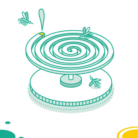 Mosquito Coil with Mosquitoes Isolated on White Background. vector illustration. Isometric Outline Object.のイラスト素材