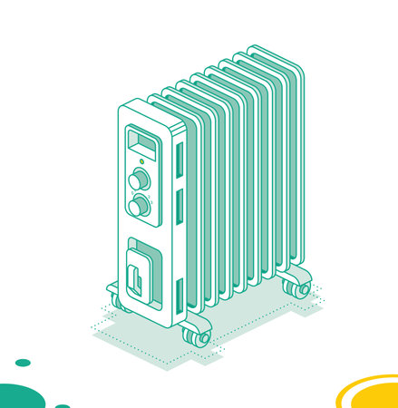 Electric Room Oil Heater. vector illustration. Isometric Outline Concept. Object Isolated on White Background.のイラスト素材