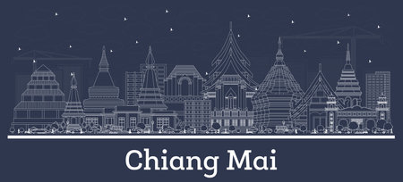 Outline Chiang Mai Thailand City Skyline with White Buildings. vector illustration. Business Travel and Tourism Concept with Modern Architecture. Chiang Mai Cityscape with Landmarks.のイラスト素材