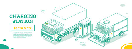 Electromobile Charging Station. Isometric Outline Concept. vector illustration. Truck and Van. Eco transport. green energy.のイラスト素材