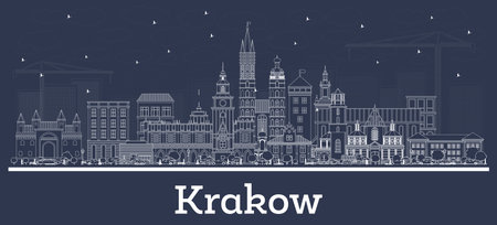 Outline Krakow Poland City Skyline with White Buildings. vector illustration. Business Travel and Tourism Concept with Historic Architecture. Krakow Cityscape with Landmarks.のイラスト素材
