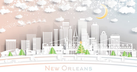New Orleans Louisiana City Skyline in Paper Cut Style with Snowflakes, Moon and Neon Garland. vector illustration. Christmas and New Year Concept. Santa Claus on Sleigh. New Orleans Cityscape.のイラスト素材