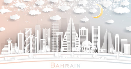 Bahrain City Skyline in Paper Cut Style with White Buildings, Moon and Neon Garland. vector illustration. Travel and Tourism Concept. Bahrain Cityscape with Landmarks.のイラスト素材
